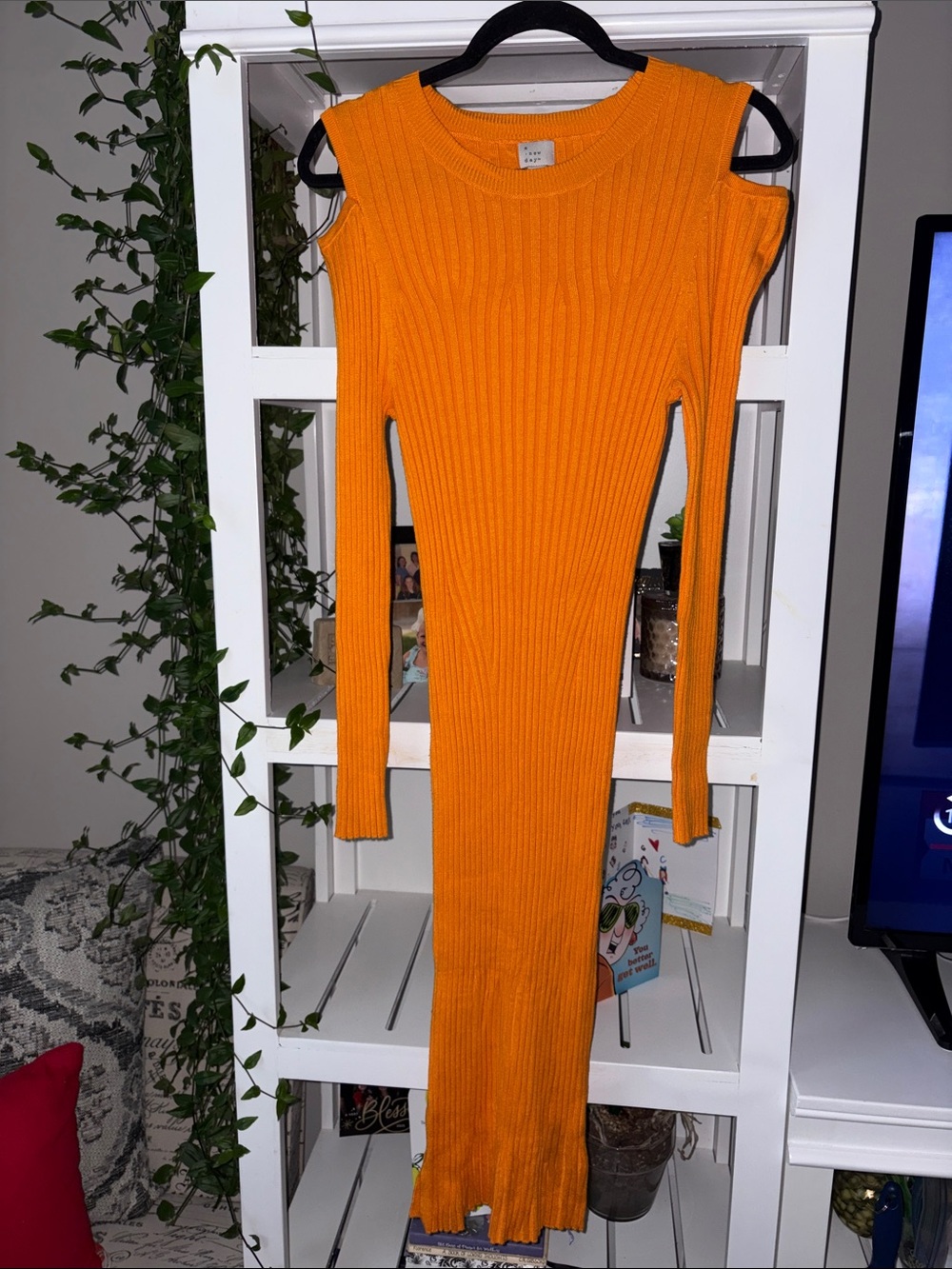 a new day Orange Ribbed Cold-Shoulder Long Sleeve Knit Dress